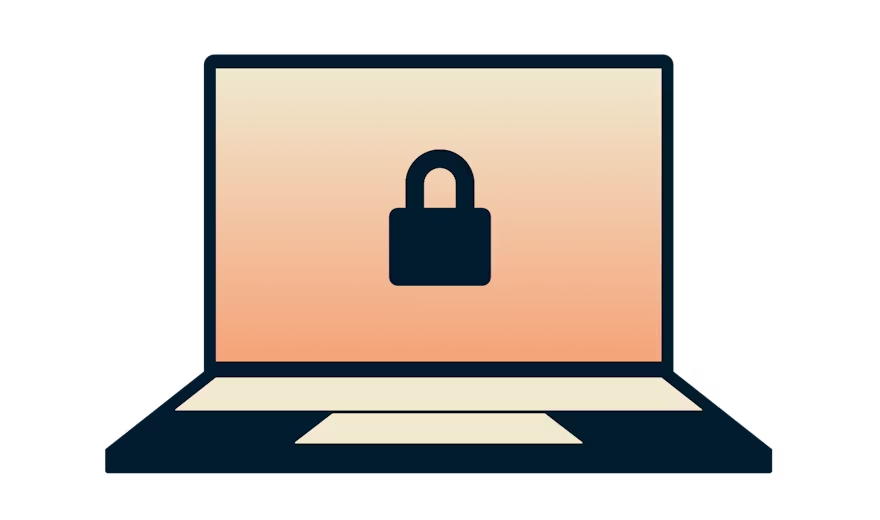 Bærbar computer med en hængelås på orange baggrund.