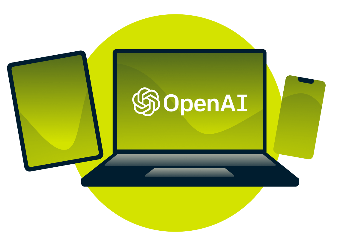 Um laptop, um tablet e telefone com o logotipo da OpenAI.