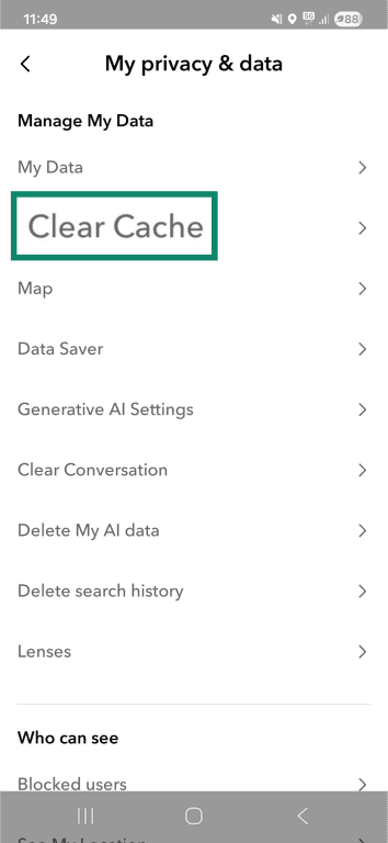 Snapchat app My privacy & data settings on Android with the Clear Cache option highlighted.