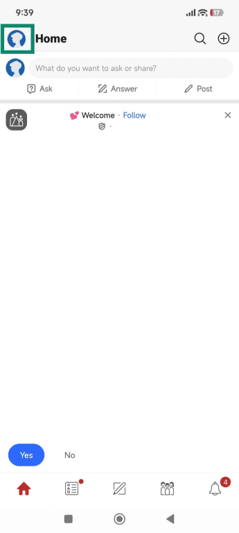 The Quora app with the user avatar highlighted.