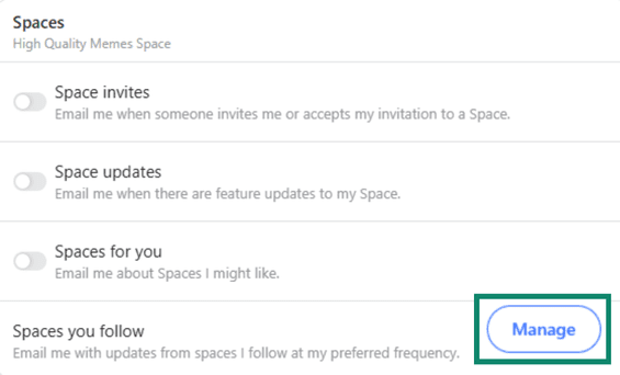 The Quora email and notification Spaces settings, with Manage option highlighted.