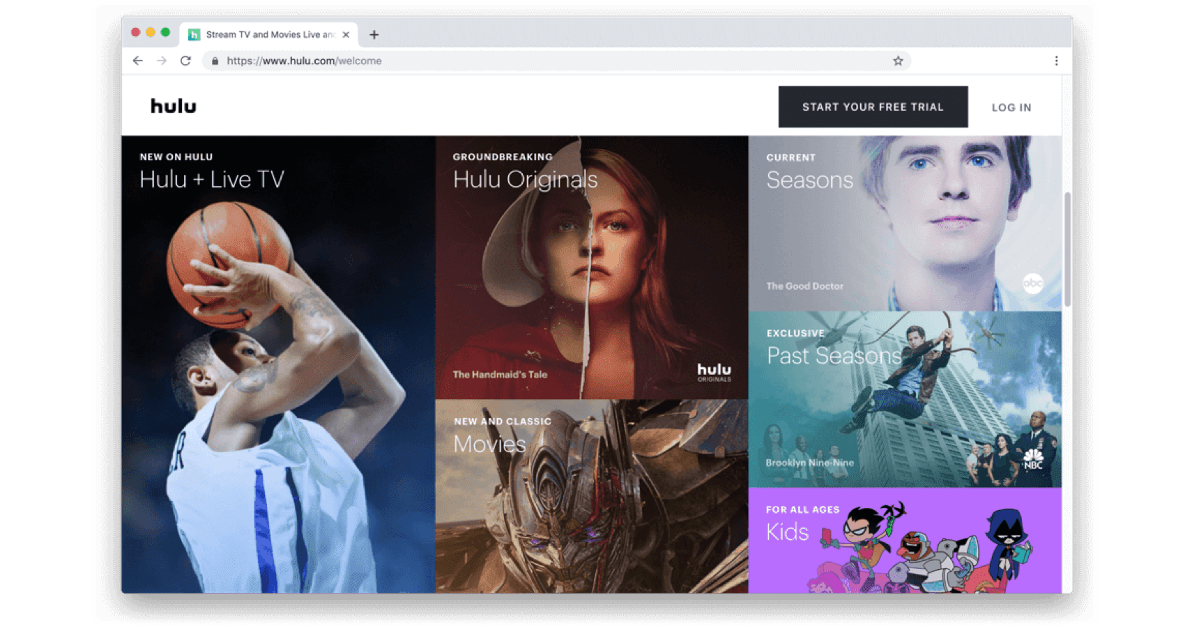 Schermata di benvenuto di Hulu con immagini di spettacoli.