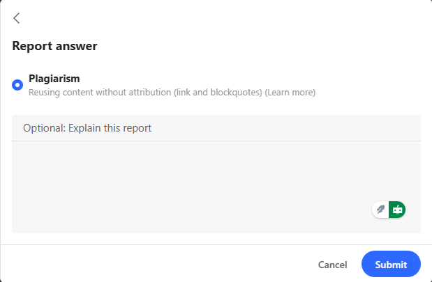 After you choose why you want to report someone, Quora gives you space to explain why.