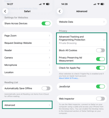 "Advanced" option for Safari highlighted, alongside Privacy settings.
