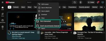 YouTube's "Not Interested" and "Don't recommend channel" buttons.