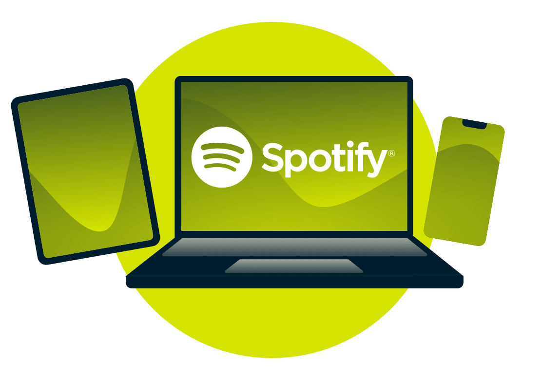Een laptop, tablet en telefoon, met het Spotify logo.