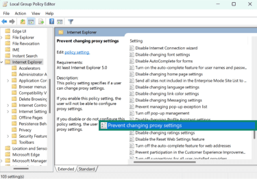 Windows Local Group Policy Editor with Prevent changing proxy settings option highlighted.