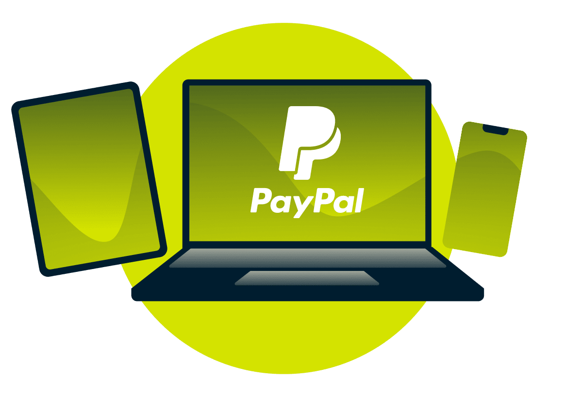 PayPal logosu ile laptop, tablet ve telefon.