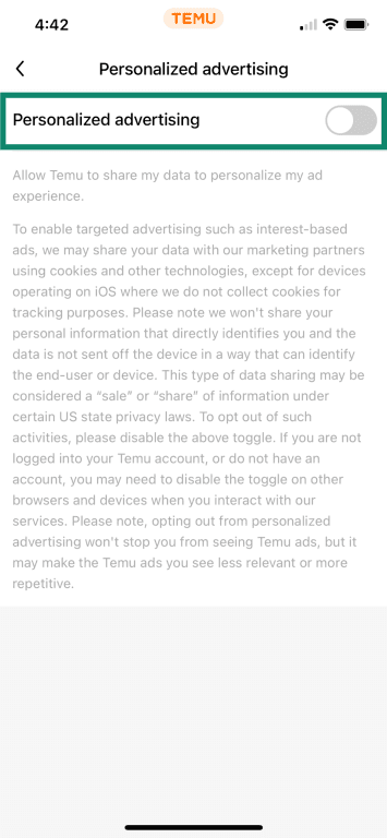 Temu privacy settings with Personalized advertising toggled off.