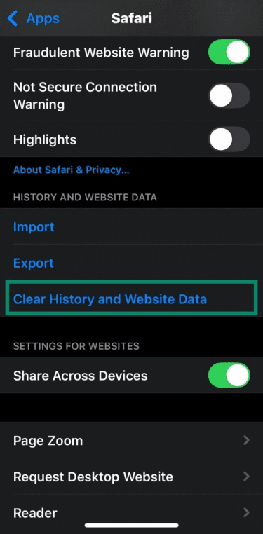 iOS Safari settings screen with Clear History and Website Data highlighted.