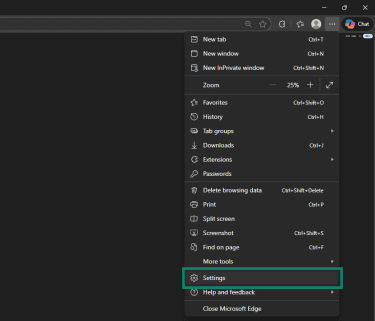 Settings option in the Edge menu that appears after clicking the three dots.