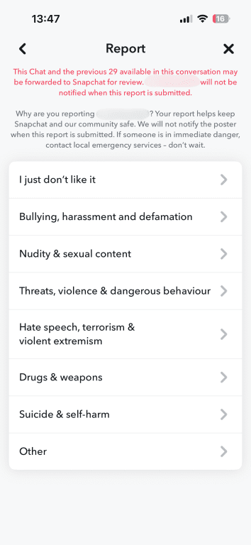 Snapchat report screen listing reasons like dislike, harassment, sexual content, threats, drugs, and self-harm.