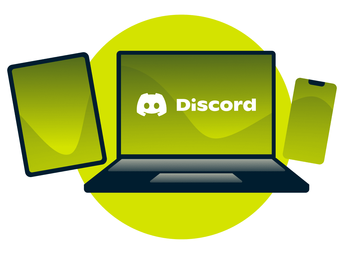 Discor logosu bulunan bir laptop, tablet ve telefon.