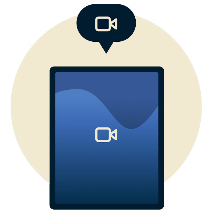 Videochat på en telefon: Tablet med et videoikon og en taleboble med et videoikon over den.