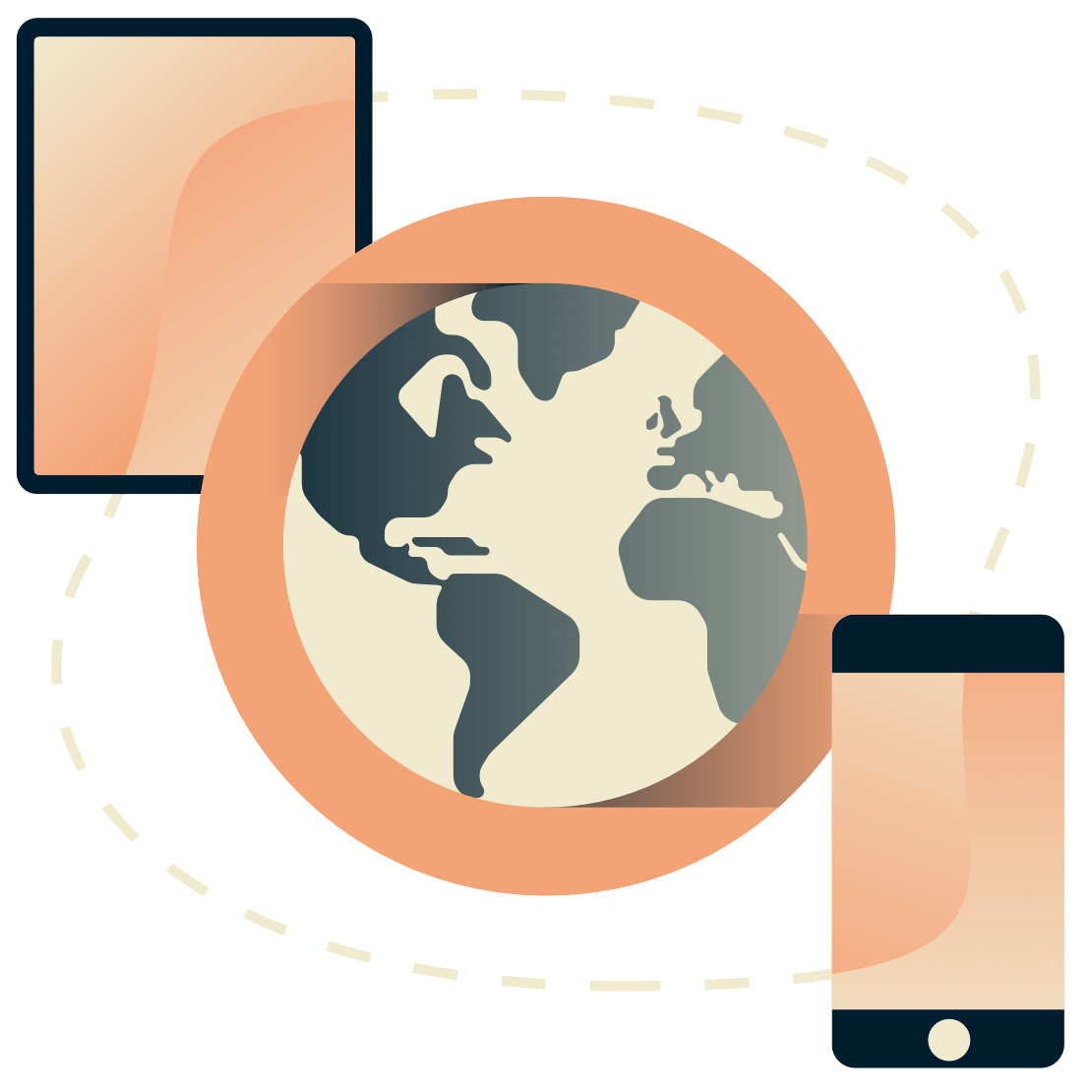 En surfplatta och en telefon som omger en jordglob.