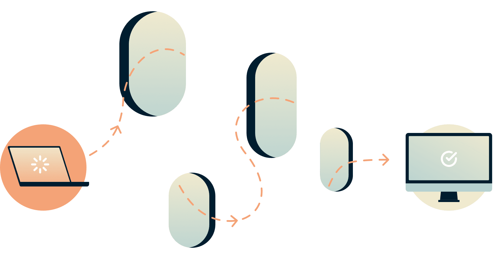 다른 컴퓨터에 도달하기 위해 여러 구멍을 통과하는 노트북 커넥션