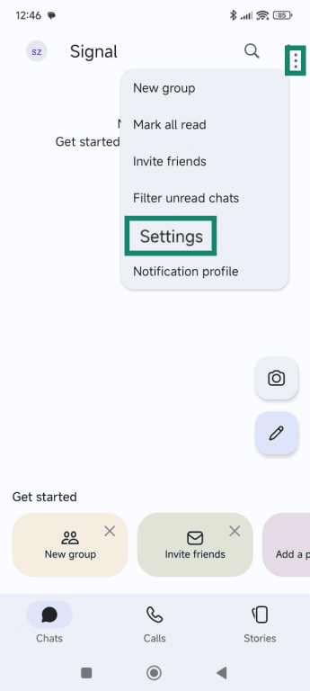 Signal on Android with the menu open and Settings highlighted.