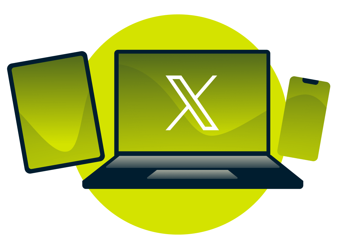 A laptop, tablet, and phone, with the Twitter logo.