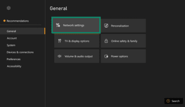 The Xbox settings menu, with the network settings option highlighted.