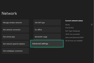 The Xbox network settings menu, showing the advanced settings option.