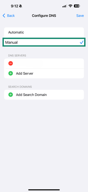 iOS Configure DNS screen with Manual highlighted.