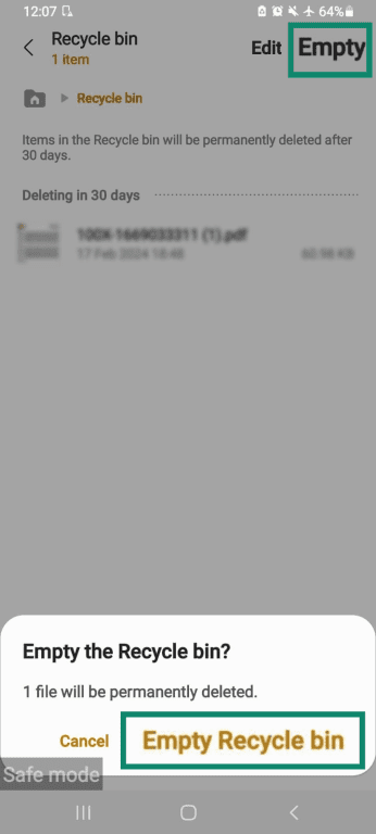 Empty Recycle bin option on Android (Samsung).