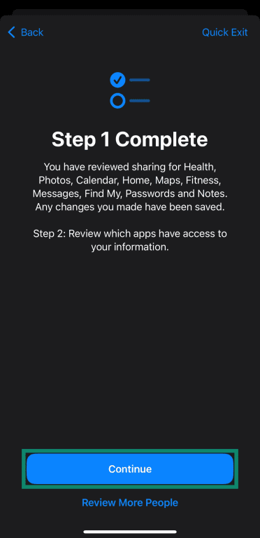 Continuing to the second step of the Safety Check in iOS.