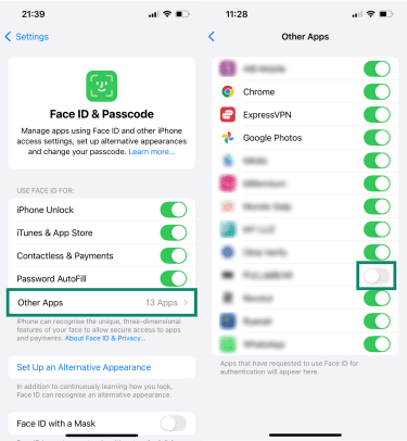 Two side-by-side screenshots of iOS Face ID & Passcode settings, highlighting the options to select which apps use Face ID.