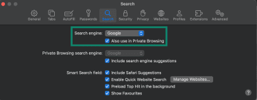 Clicking on the Search engine shows different search engines available.