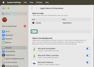 Add or Remove items in Open at Login.