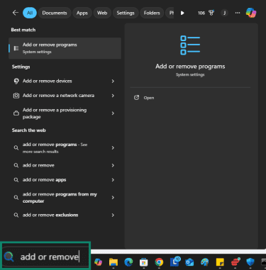 Windows start menu with the search results for Add or remove programs.