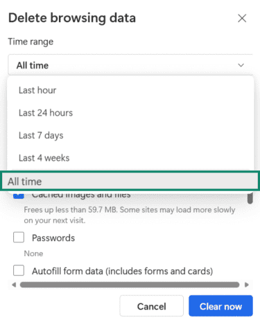Microsoft Edge Delete browsing data settings with All time button highlighted.