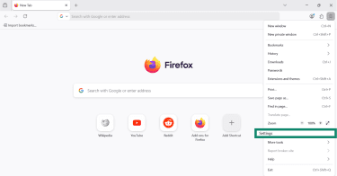 Firefox application menu with Settings option highlighted.