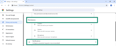 Google Chrome Site settings with Notifications button highlighted.