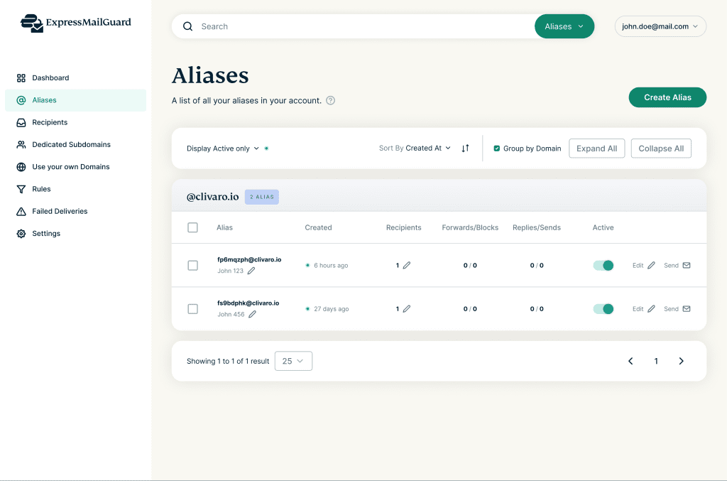 Alias dashboard in ExpressMailGuard