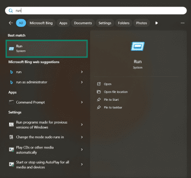 The Windows 11 Start menu. "Run" is typed into the search box, and the Run program is highlighted.