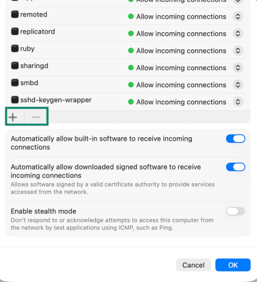 Add or remove apps from Firewall connection in macOS.