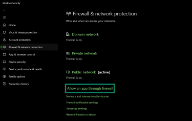 Allow an app through firewall option in Firewall & network protection.