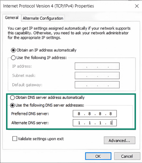 The IPV window in Windows, which lets you change DNS addresses.