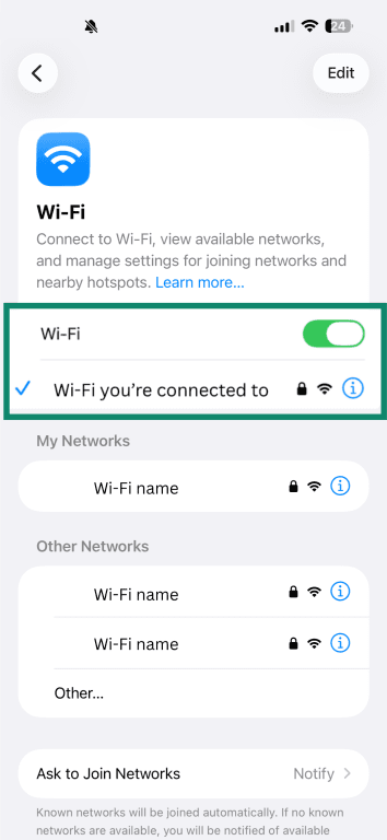 Wi-Fi switched on and connected on iOS
