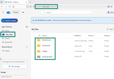 OneDrive account with important files and folders highlighted.