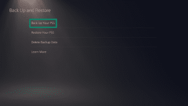 The "Back Up and Restore" page on a PlayStation 5. The "Back Up Your PS5" option is highlighted.