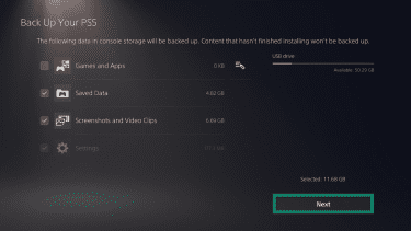 The "Back Up Your PS5" page on a PlayStation 5. Several data types are selected and the "Next" button is highlighted.
