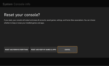 The Xbox factory reset screen, showing the options to keep games or remove everything from the console.