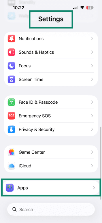 Apps menu in iPhone settings.