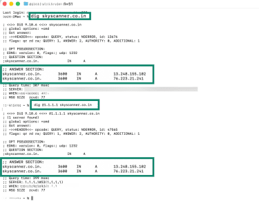 Terminal dig command comparing default and 1.1.1.1 DNS results