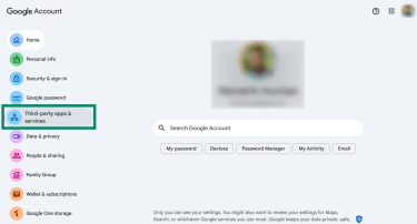 Google account website dashboard interface with Third-party apps & services highlighted.