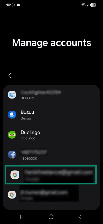 Samsung Android Settings app Manage accounts interface with Google accounts highlighted for deletion.