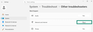 The Windows troubleshoot page shows the Run button next to Network and Internet.