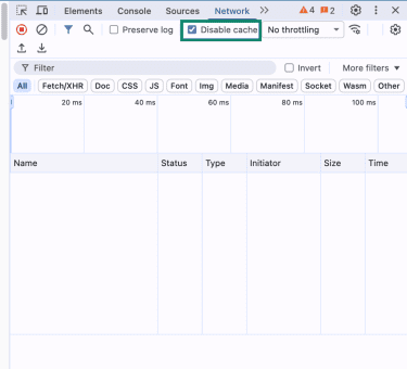 The Network tab in Developer Tools in Chrome, higlhighting the Disable cache option